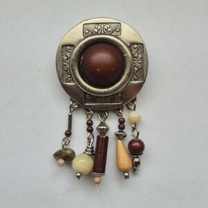 Vintage silver tone beaded tribal brooch